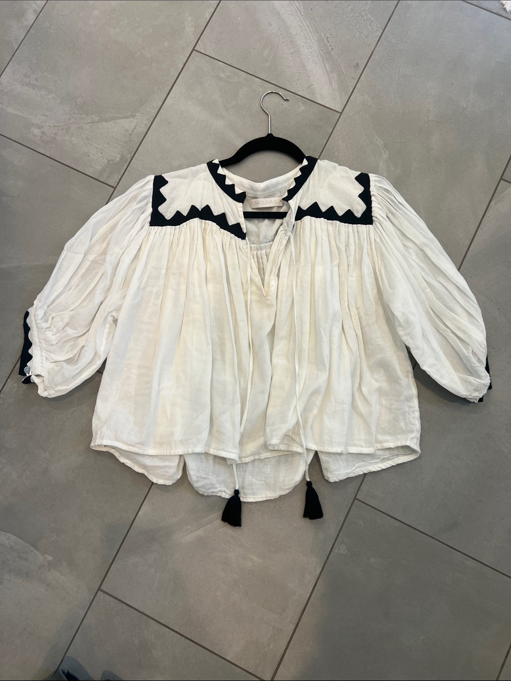 White Peasant Blouse with Black Chevron Trim